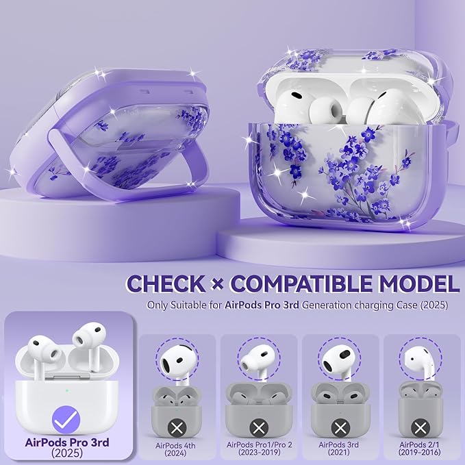 Inesore for AirPods Pro 3 Case 2025 with Lock, for Women Girly Floral Clear Case Compatible with Apple Airpods Pro 3rd Generation Cover, with Phone Stand,Keychain & Cleaner Kit -Purple Flower