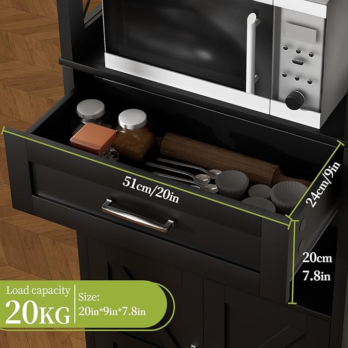 55" Tall Kitchen Pantry Cabient with 2 Microwave Stands, Farmhouse Pantry Storage Cabinet with Barn Doors and Large Drawer, Rustic Freestanding Cupboard for Kitchen and Dining Room (Black)