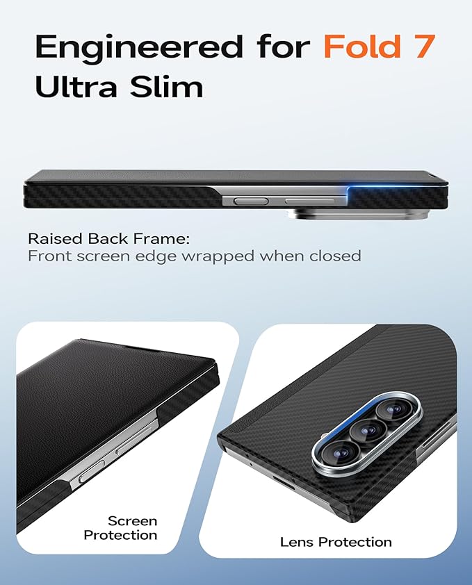 for Samsung Galaxy Z Fold 7 Leather Case, Carbon Fiber Magnetic Phone Case, Ultra-Slim Lightweight Protective Cover with Hinge Protection, MagSafe Compatible, Caseless Touch Feel