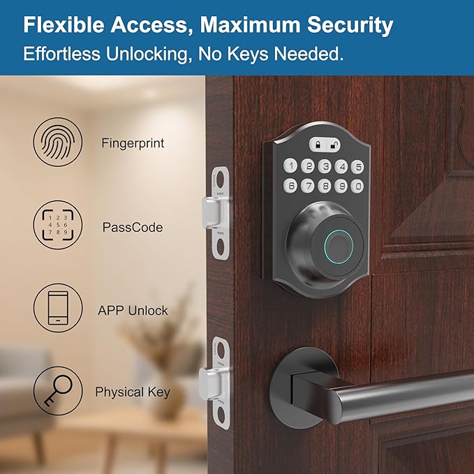 Fingerprint Smart Door Lock Keyless Entry, Keyless Entry Door Lock with Keypad, App Control, Auto Lock, Easy to Install, Smart Deadbolt for Home, Airbnb, Apartment (Black)