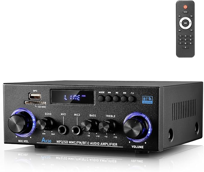 Facmogu AK-50 Bluetooth Stereo Audio Amplifier, RMS 50Wx2 HiFi Sound Stereo Amp Receiver, Remote Control Sound System w/, MP3,USB,SD,AUX, Bass Treble Control for Home Audio, Party, Karaoke, Garages