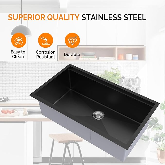 ROVSUN 33 Inch Stainless Steel Undermount, Kitchen Utility Sink, Workstation Deep Single Bowl, Integrated Ledge Multifunctional Workstation Sink Set,Black