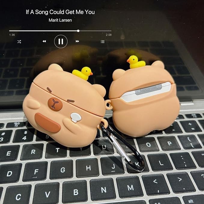 Wireless Charging Earphone Case Compatible with Airpods 4, Cute Animal Kapibala Design Soft Silicone Full Body Protective Skin Cover, Kids Girls Women Cartoon Earbuds Accessories