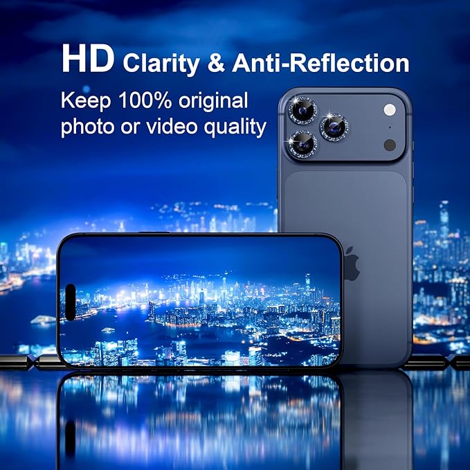 Misea Compatible for iPhone 17 Pro/iPhone 17 Pro Max Camera Lens Protector Bling, 9H Tempered Glass Camera Cover Screen Protector Metal Individual Ring Decoration Accessories, Blue Glitter