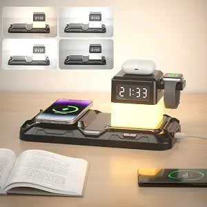 KDD Bedside Lamp with Wireless Charger, 15W Fast Charging Dock with USB A&C Ports for Phone Watch Earbuds, 4-Mode Dimmable Modern Nightstand Lamp with Digital Clock for Home Bedroom Dorm Office