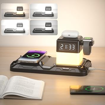 KDD Bedside Lamp with Wireless Charger, 15W Fast Charging Dock with USB A&C Ports for Phone Watch Earbuds, 4-Mode Dimmable Modern Nightstand Lamp with Digital Clock for Home Bedroom Dorm Office