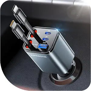 2026 Compact SUPERONE Retractable Car Charger with USB C & Apple Cables