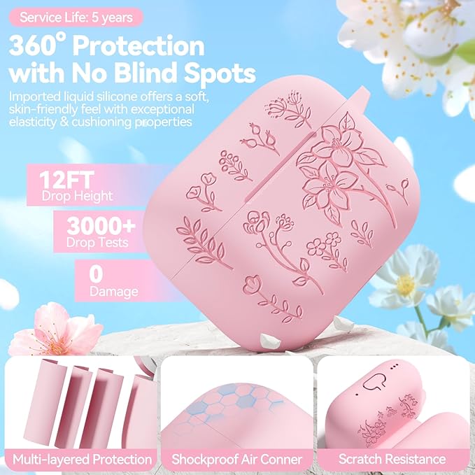 for AirPods Pro 3 Case Pink, Flower Engraved Case Cover Compatible with AirPods Pro 3rd Generation 2025, Soft Silicone Cases with Keychain & Cleaner for Women Girly, Shockproof, Anti-Scratch