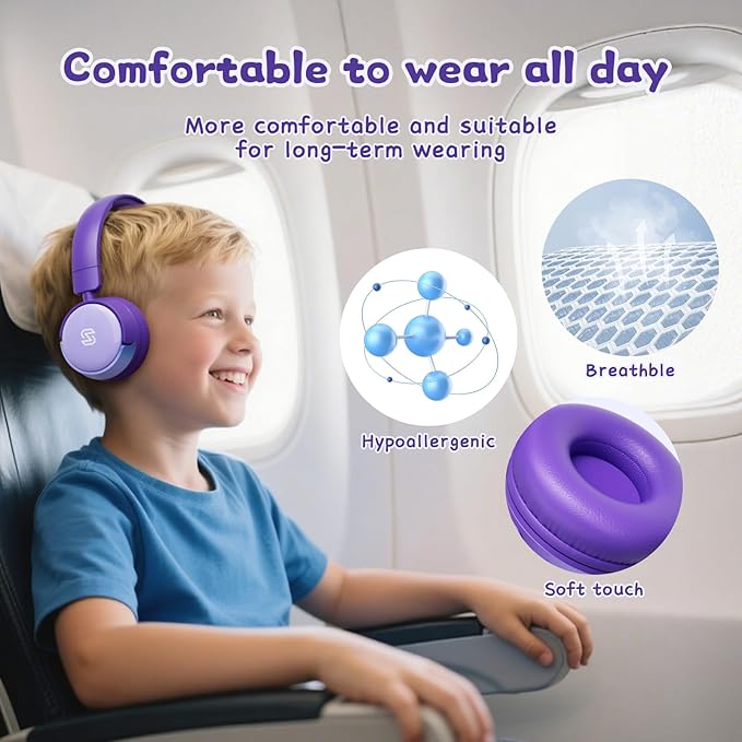 S62 Kids Bluetooth Headphones, Wireless Headphones for Kids Over Ear with Microphone, 85/94dB Volume Limiter Headset for Girls Boys, Foldable Headset for Learning & Entertainment-Purple