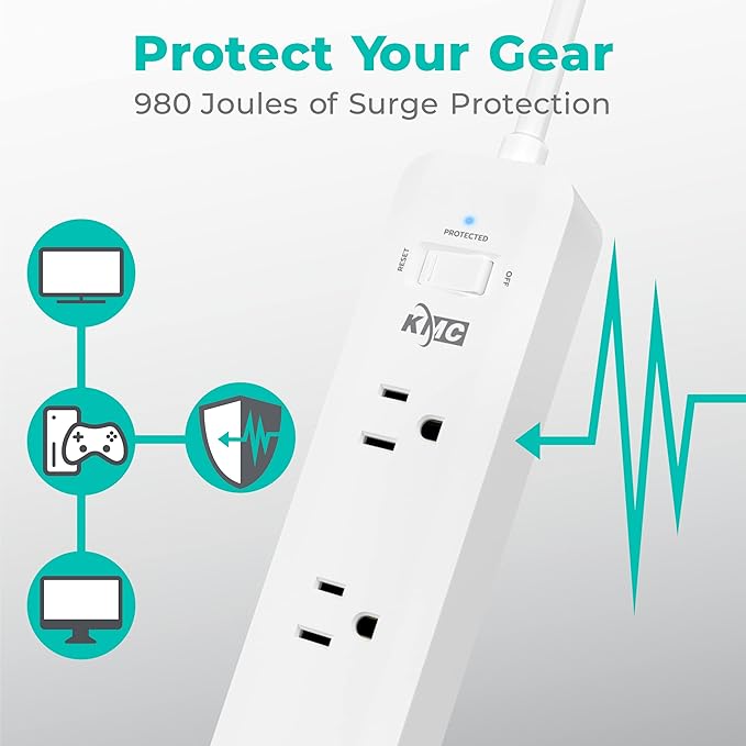 KMC USB-C PD Surge Protector 3-Outlet Power Strip, 30W Power Delivery USB-C Port, 2 USB-A Ports, 980J Surge Protection, 6-Foot Extension Cord, White