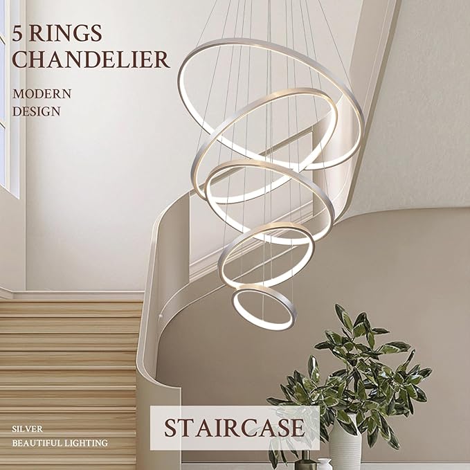 5 Ring Modern LED Chandelier Dimmable Silver High Ceiling Chandeliers for Foyer, LED Contemporary Large Pendant Lighting with Remote Control Circular for Living Room Staircase, 3000K-6500K