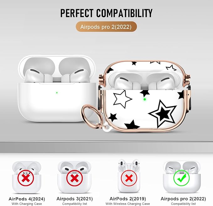 Maxjoy for Cute Airpods Pro 2 case with Safety Lock,Compatible Airpods Pro Case 2nd/1st Gen,Compatible Black Five Pointed Star AirPods Case Cover for Women Girly with Keychain-Transparent