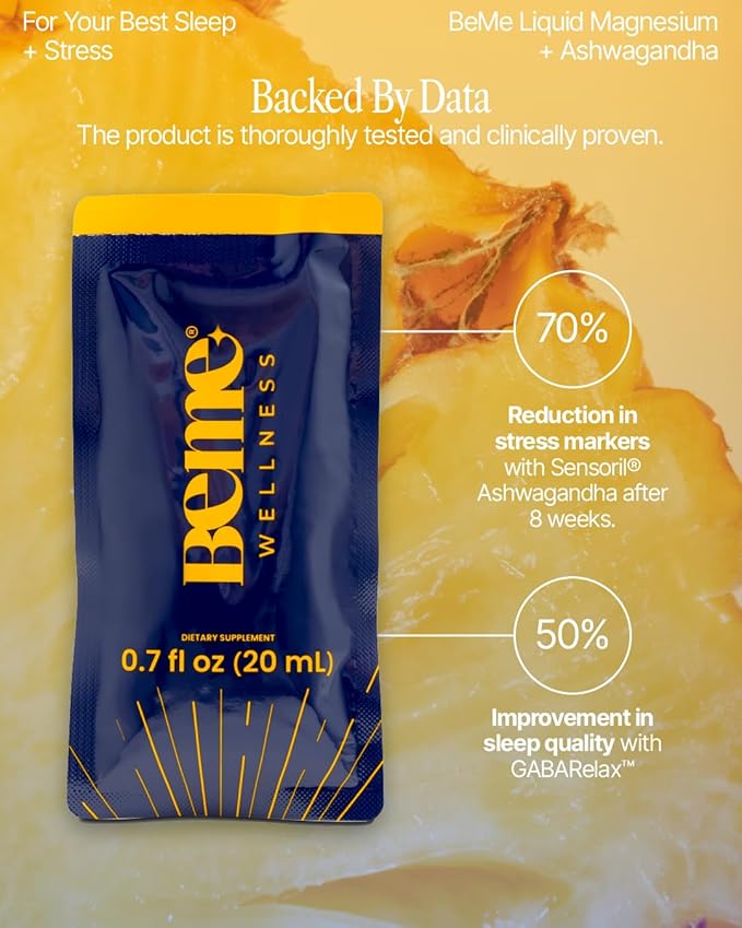 BeMe Magnesium Drink for Sleep - Melatonin-Free Magnesium for Sleep with Ashwagandha, L-Theanine & GABA - Fast-Absorbing Calm Pineapple - 15 Sachets