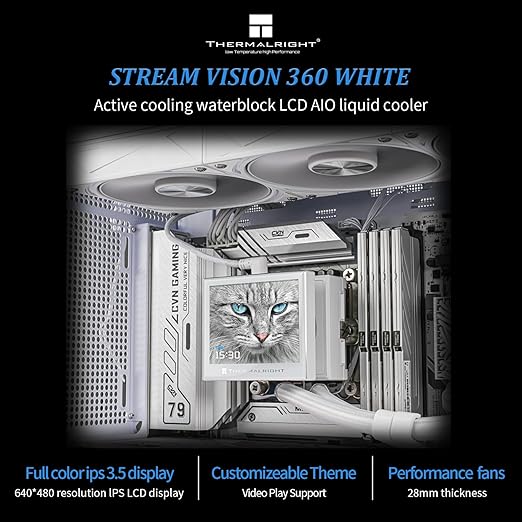 Thermalright Stream Vision 360 White CPU Liquid Cooler, 3.5in Magnetic Embedded Fan LCD Screen, 640x480 Resolution,Pump with Fan,Compatible with AM5,lga1851/1700/115x