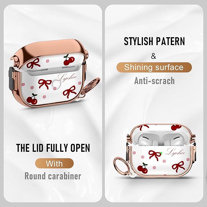 Maxjoy for Cute Airpods Pro 2 case with Safety Lock,Compatible Airpods Pro Case 2nd/1st Gen,Compatible Red Bow Cherry AirPods Case Cover for Women Girly with Keychain-Transparent