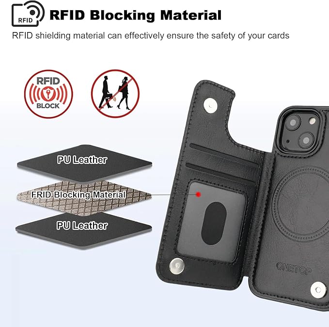 ONETOP Compatible with Magsafe for iPhone 13 Mini Wallet Case with Card Holder, PU Leather Kickstand RFID Blocking Case, Double Magnetic Clasp and Durable Shockproof Cover 5.4 Inch (Black)