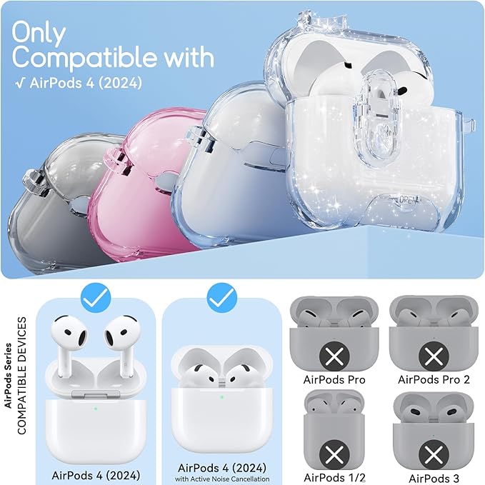 Clear Case for AirPods 4 Case Cover with Safety Lock,Soft TPU Cover with Phone Stand & Cleaning Kit,Cute Bling Keychain for Women Girls- Glitter White