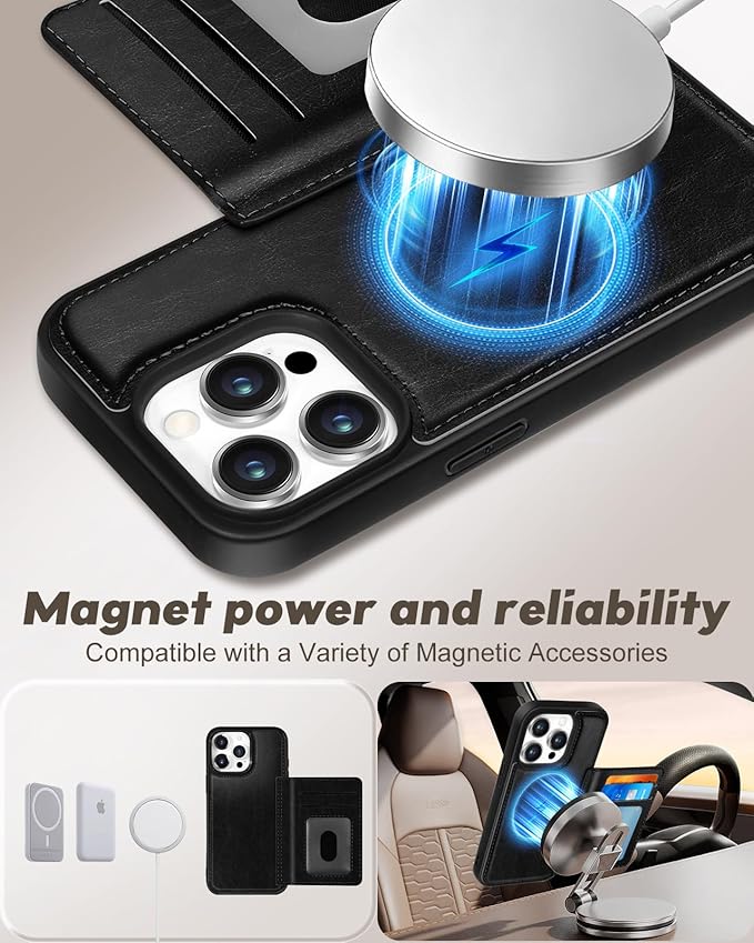 for iPhone 13 Pro Case with Wallet - Fits 4 Card Slots, Compatible with MagSafe for Women Men Durable PU Leather Credit Card Holder Kickstand Phone Cover for Apple 13 Pro, Black