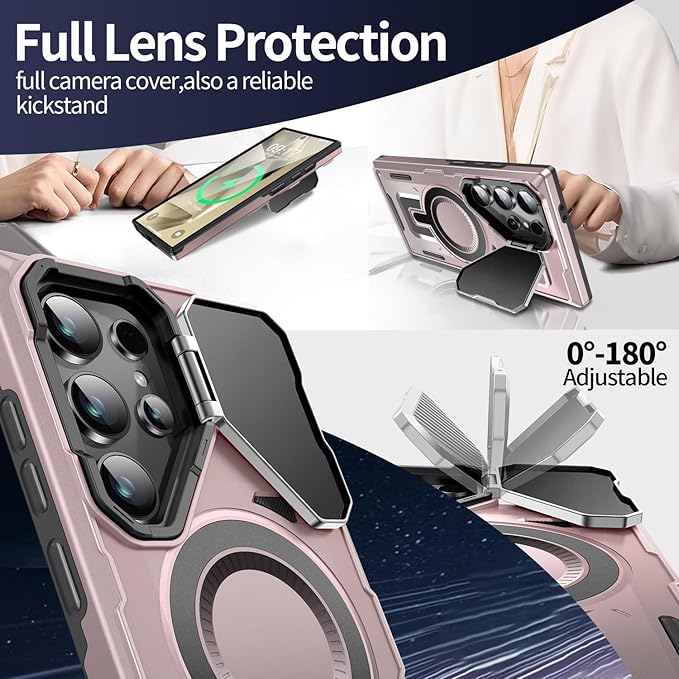Camera Stand Case for Galaxy S24 Ultra, [Compatible with Mag Safe][Lens Cover] 2024 Version Military Grade Protective Soft Case for Samsung Galaxy S24 Ultra 6.8" Men Women, Pink