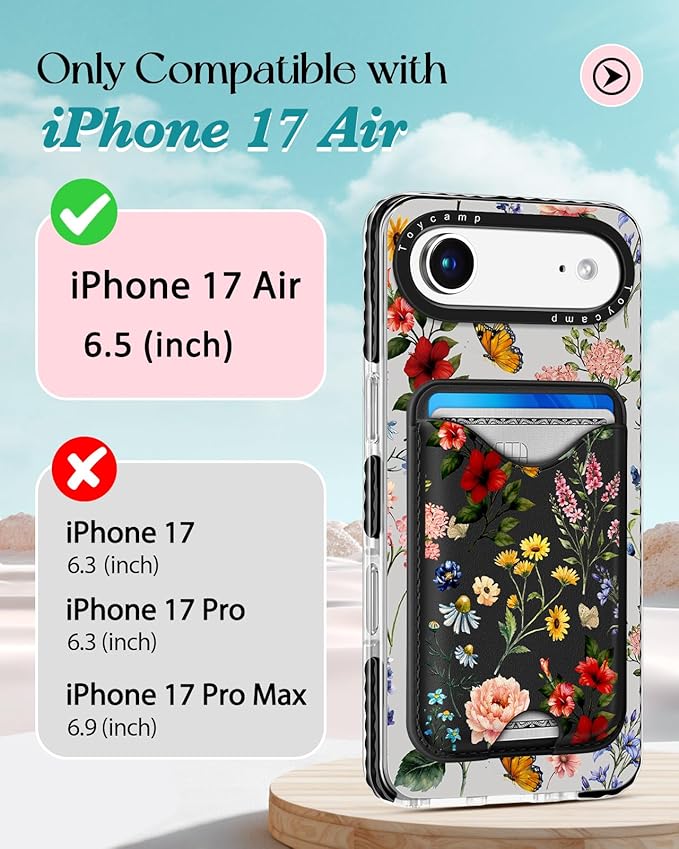 Toycamp for iPhone 17 Air Case - Compatible with Magsafe Credit Card Holder Wallet Magnetic Cute Women Teen Girls Kawaii Girly Unique Flower Floral Design Phone Cover for Apple 17 Air