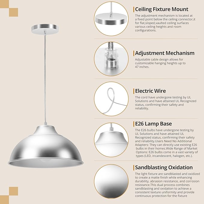 11.8" Aluminum Modern Farmhouse Pendant Light,Adjustable Height 47 Inch Cord Dimmable LED Compatible E26 Base Sandblasting Oxidation Round Dome Hanging Light Fixture for Kitchen Island Indoor (Silver)