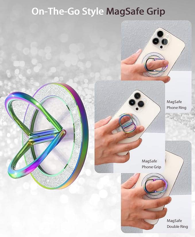 Magnetic Phone Grip for MagSafe Ring Holder Twinkle Finger Kickstand, Transparent Magnetic Phone Ring Grip for iPhone 16 15 14 13 12 Pro Max Plus & Android (Colorful)