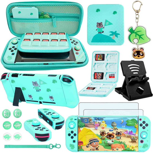 Accessories Bundle for Nintendo Switch Animal Pack Crossing - YOOWA Accessory kit NS Animal Set Crossing with Carrying Case Protective Cover Screen Protector Game Card Holder Play Stand Thumb Grips