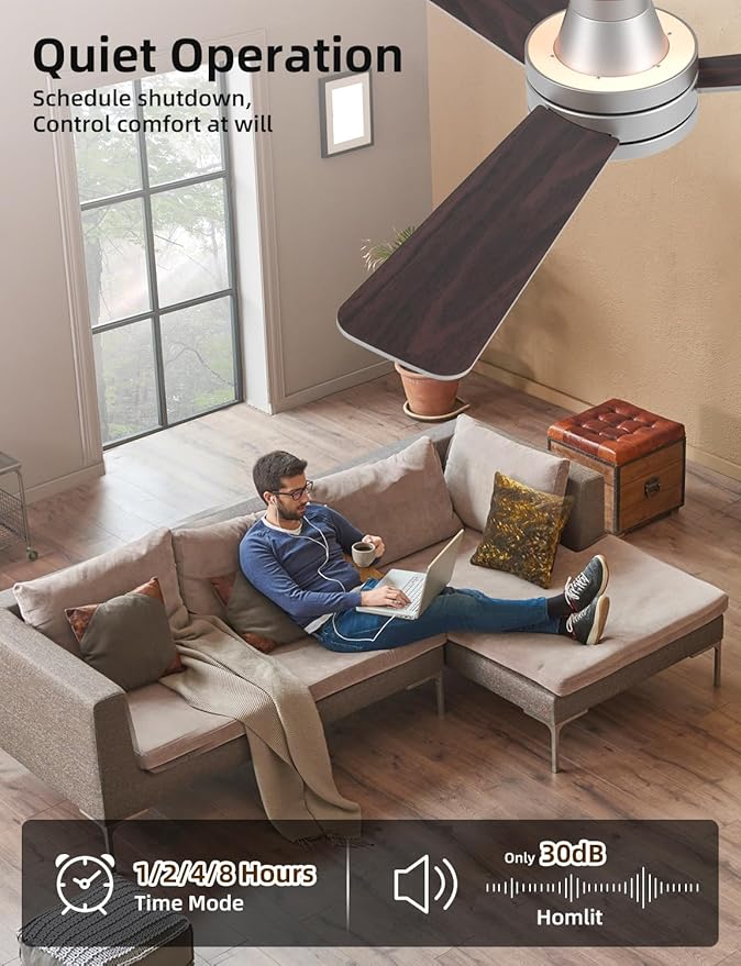 42" RGB Ceiling Fan with Light, Music Sync Smart Fan with Alexa/Google/App Control, Low Profile Flush Mount, 6-Speed Quiet DC Motor, 4 CCT Dimmable Lighting for Bedroom Living Room, Silver