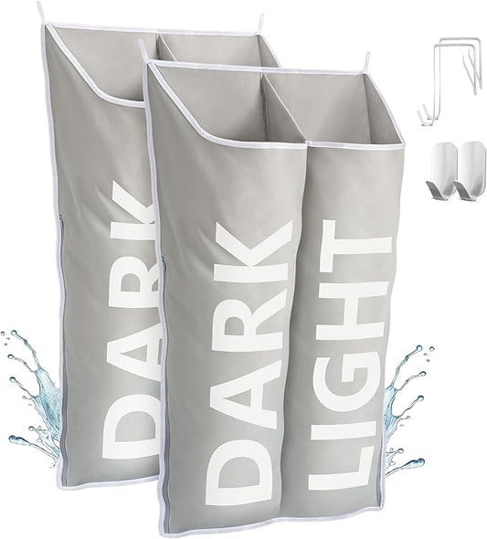 Hanging Laundry Hamper Bag XL, Space Saving over the Door Storage Bags, Behind the Door Hampers for Dirty Clothes & Wall Mounted Basket for Bathroom (Grey -2Pack, Double Compartment)