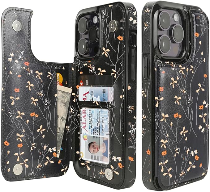 uCOLOR Compatible with iPhone 14 Pro 6.1" Wallet Case with Card Holder Folio Flip PU Leather Kickstand Card Slots Case Double Magnetic Clasp and RFID Blocking Cover (Wild Flowers)