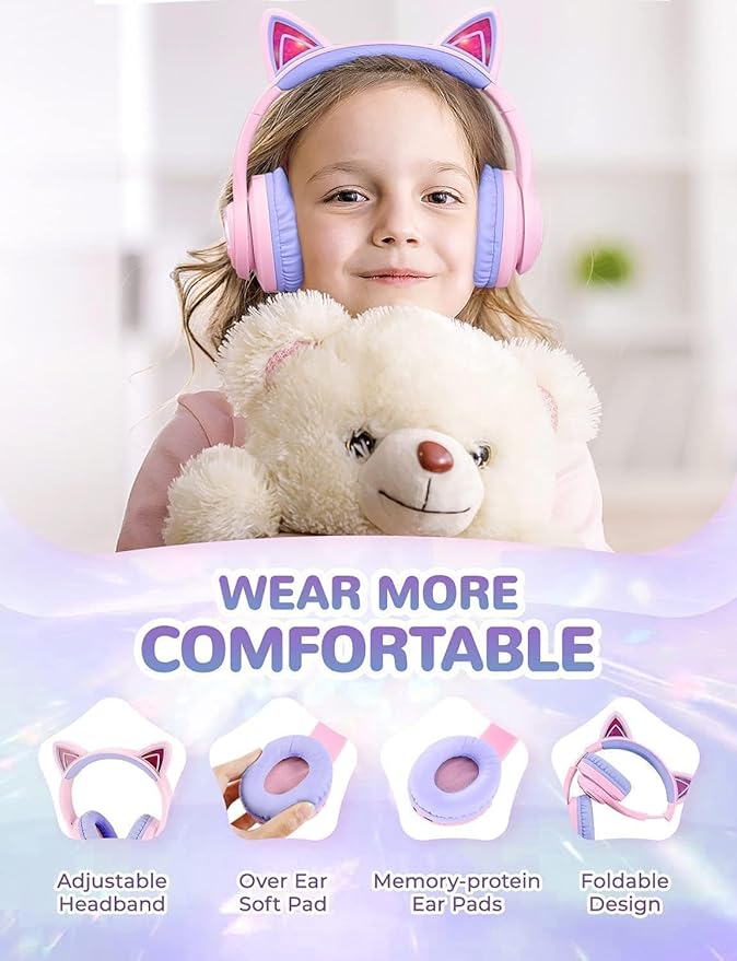 iClever Cat Ear Kids Bluetooth Headphones, LED Lights Up, 74/85dBA Safe Volume Limited, 50H Playtime,Bluetooth 5.2, USB C,Kids Headphones Wireless Over Ear for Travel iPad Tablet, Meow Macaron-Purple