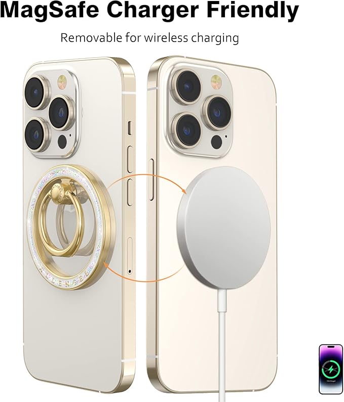 Allengel Magnetic Phone Grip for MagSafe, Magnetic Ring Holder Compatible with MagSafe Phone Ring, 360°Rotating Finger Kickstand for iPhone 16 Pro Max 15 14 13 12 Plus & Android(Gold Bling Silver)