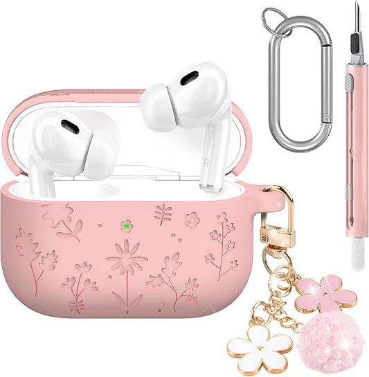 Seltureone Compatible with AirPods Pro 3 Case 2025 Cute with Cherry Blossom Keychain and Cleaning Kit, Soft Silicone Shockproof Flower Engraved Cover Compatible with AirPod Pro 3 Case Cover - Pink