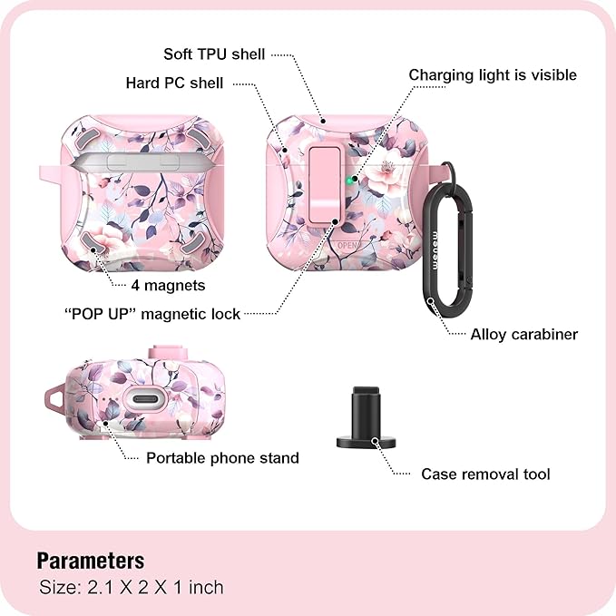 wenew Compatible with AirPods 4th Generation Case Cover with Phone Stand, Cleaner, Clip, Compatible with Magsafe Charger, One-Click Pop Open Lock iPod 4th Case (Pink 2, AirPods 4th)