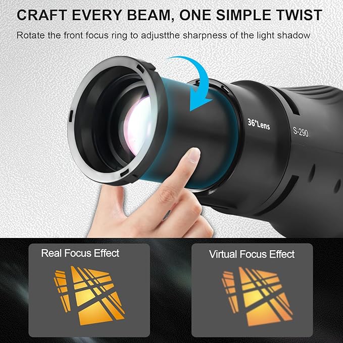 WELLMAKING Profoto Mount Optical Snoot Conical S-290 Kit. Adjustable Focus, 36° Lens, Aperture Modifier, 4 Color Filters, and 12 Gobos; for Photography, LED and Strobe Light, Studio Video Artist