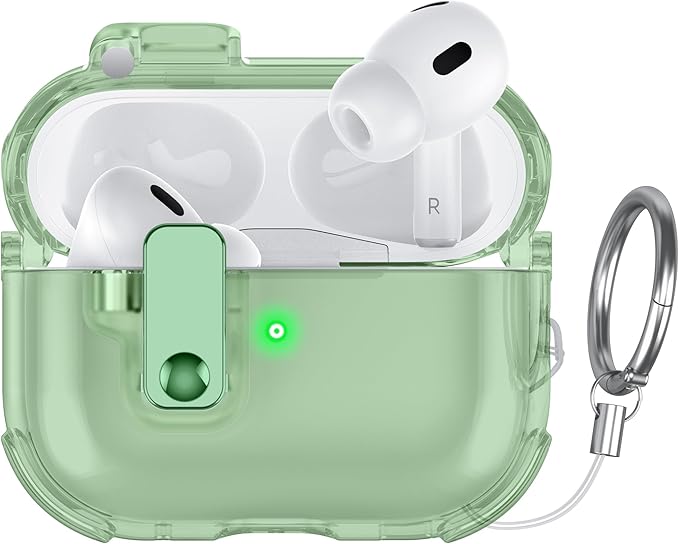 Clear Case for AirPods Pro 2 Case Cover with Lock Safety&Pop Up [Military Shockproof]Anti-Yellow Transparent Wireless Charging for AirPods Pro 2nd/1st Generation Case with Keychain,Clear Green