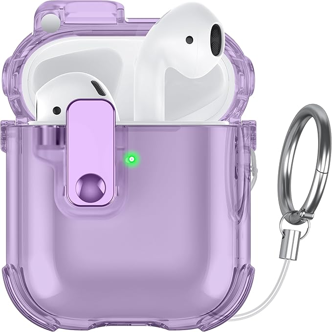 Case for AirPods 1/2 Case Cover with [Lock Safety &Pop Up][Military Shockproof] Anti-Yellow Transparent Soft TPU Wireless Charging for AirPods 1st/2nd Generation Case with Keychain,Clear Purple
