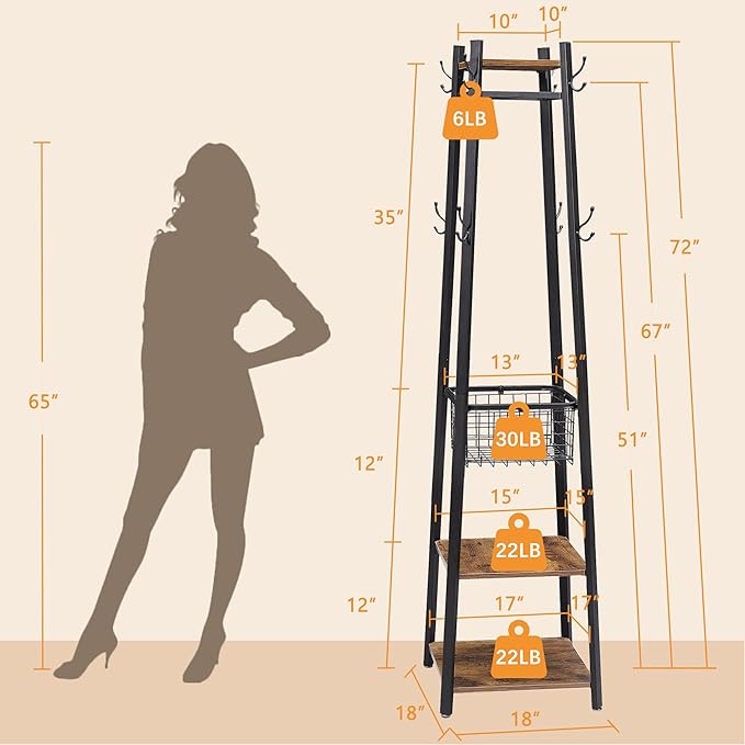 VECELO Coat Rack Freestanding, Entryway Clothes Stand with Metal Basket and 2 Shelves, Upgrade Hall Trees with 8 Dual Hooks for Bags, Hats, and Umbrellas, Industrial Styles, Vintage Brown+ Black