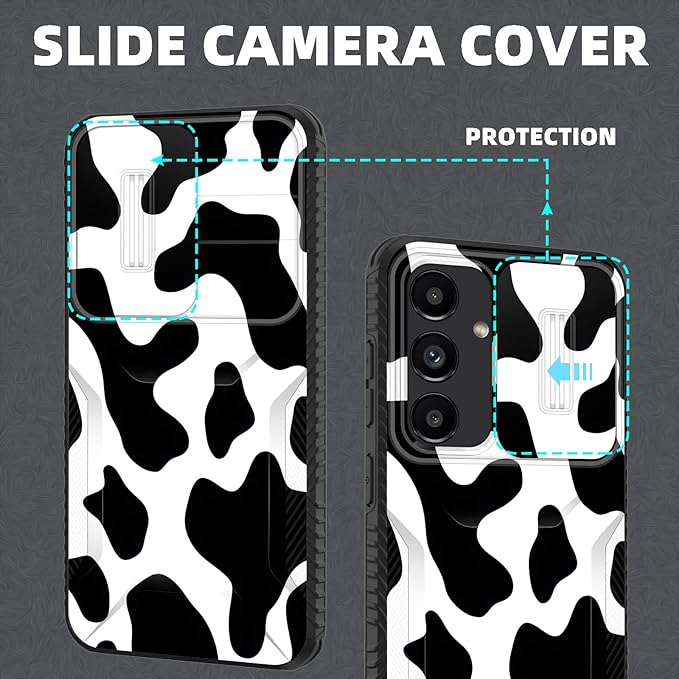 for Galaxy S25 FE Case Built in Slide Camera Lens Cover,Heavy Duty Shockproof Protection Dual Layer Case for Samsung Galaxy S25 FE 6.7" 2025,Cow Print