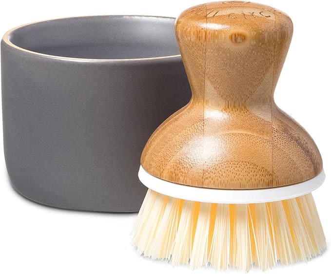 Full Circle Bubble Up Bamboo Dish Brush & Ceramic Soap Dispenser-Family Safe, Formaldehyde-Free-Kitchen Scrub Brush for Dishes, Nonstick & Cast Iron,Gray