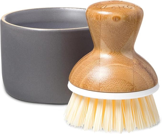 Full Circle Bubble Up Bamboo Dish Brush & Ceramic Soap Dispenser-Family Safe, Formaldehyde-Free-Kitchen Scrub Brush for Dishes, Nonstick & Cast Iron,Gray