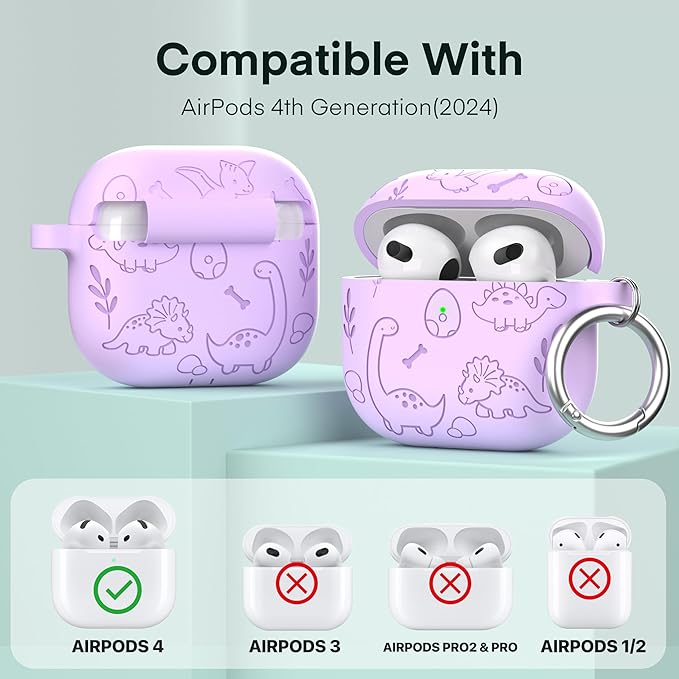 Maxjoy for AirPods 4 Case, Engraved Silicone Cute AirPod 4 Case for Women Men Protective iPod 4 Cover with Keychain Cleaning Kit for AirPod 4th Generation Cover 2024, Dinosaur Purple