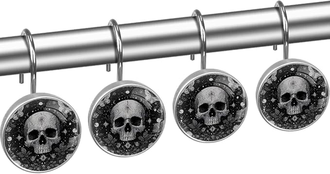 12 Packs Gothic Black and Skull Shower Curtain Hooks, Stainless Steel Glass Shower Curtain Rings for Bathroom Decor, Metal Rustproof Curtain Rod Hooks