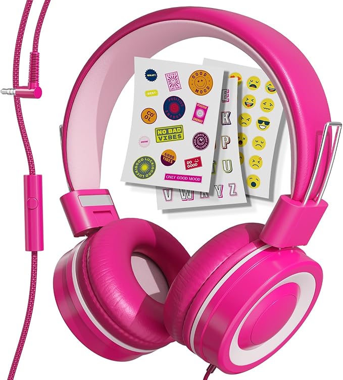 MYZI Kids Headphones with Cord, Foldable Over Ear Headphones for Kids with Microphone, Tangle-Free Wired 85dB Safe Volume Toddler Headphones for iPad, School, and Airplane – Pink