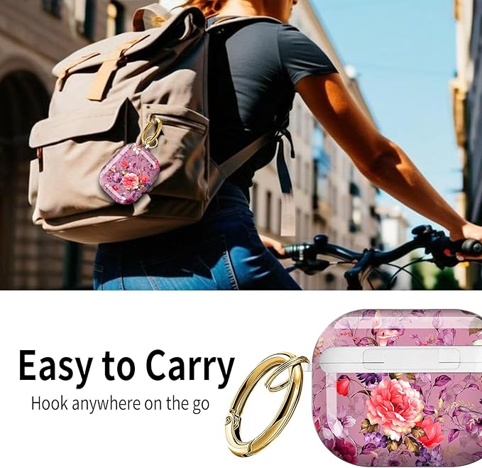 Cute Hard Case Compatible with AirPods Pro 3rd Generation Case (2025), Shockproof Protective Cover with Golden Keychain Ring Clip (Pink Flower)
