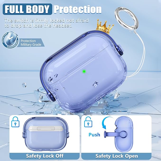 for Airpods Pro 3 Case,Safety Lock Cases for Apple Airpod Pro 3 (2025) with Phone Stand & Cleaner Kit,Drop Protection Air pods Pro3 Case Cover for Men Women with Keychain,Clear Blue
