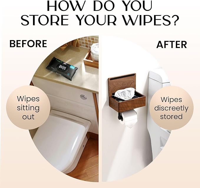 Day Moon™ Wood Toilet Paper Holder with Shelf, Wipe Holder for Bathroom, Flushable Wipes Dispenser, Toilet Paper and Wipes Holder - Toilet Paper Holder with Storage, Toilet Paper Holder Wall Mount