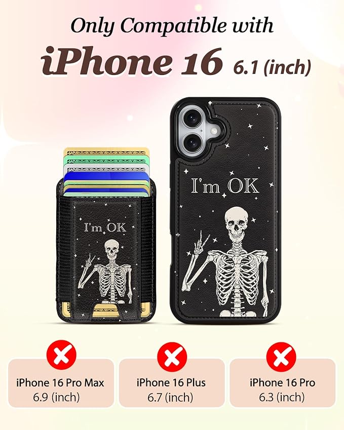 Shorogyt for iPhone 16 Wallet Case - Fits 5 Cards, Compatible with Magsafe Detachable Magnetic Credit Card Holder Leather Cardholder Cute Phone Cover Women Girls for Apple 16, OK Skeleton
