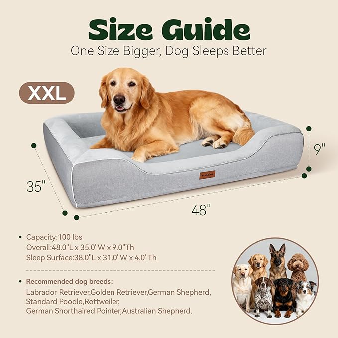 Extra Large Orthopedic Dog Bed with Cooling Gel Memory Foam,Waterproof XXL Dog Couch Bed with Removable Washable Cover,48 inch Pet Sofa with High Resilience Foam Sides for Old Pets,Grey