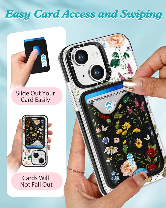 Toycamp for iPhone 14 Case, for iPhone 13 Case - Compatible with Magsafe Credit Card Holder Wallet Magnetic Cute Women Teen Girls Kawaii Girly Unique Flower Floral Design Phone Cover for iPhone 14/13